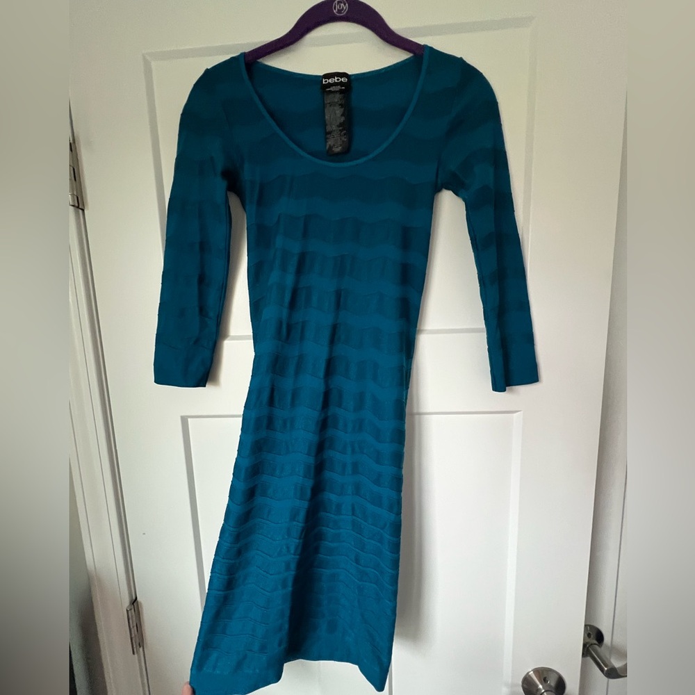 Bebe Teal Peacock Bandage Dress 3/4 Sleeve Wave Texture M/L